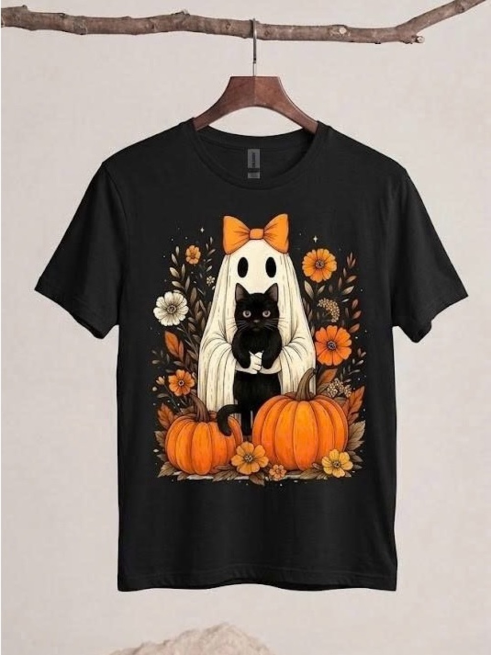 Cute Gost Holding Black Cat Pumpkin Fall Halloween Graphic Tee